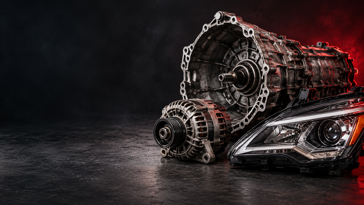 Decorative studio image of a transmission, alternator and headlamp
